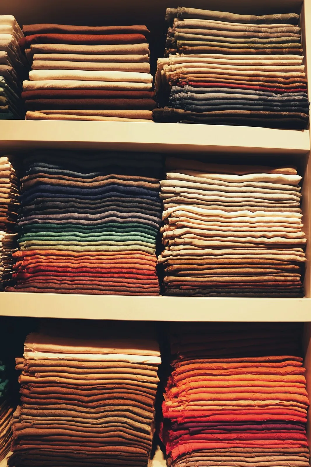 Folded shirts on store shelves